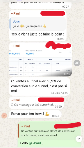 Capture WhatsApp de Paul Marzaioli : 61 ventes, 10,9 % de conversion